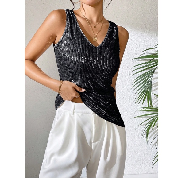 All Over Sequin Black V-Neck Cami Top - Picture 4 of 7